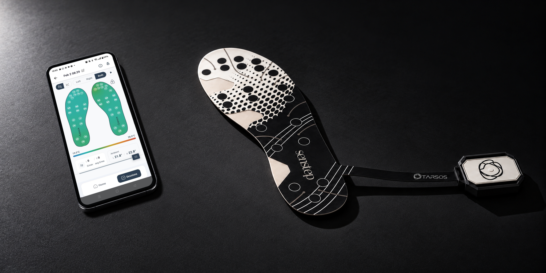 Senstep smart insole, white electronic enclosure and companion mobile app on a charcoal surface